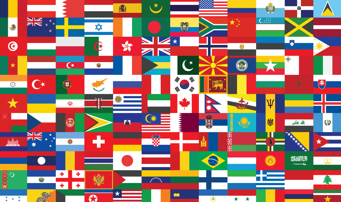 A collage of various national flags from around the world, including those of the United States, United Kingdom, Canada, Japan, and many more. Perfect for decorating a Greek fast food franchise and showcasing international diversity.