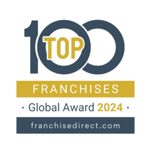 Logo of the Top 100 Franchises Global Award 2024 from Franchisedirect.com, featuring bold text and gold accents, highlighting excellence in the greek fast food franchise industry.