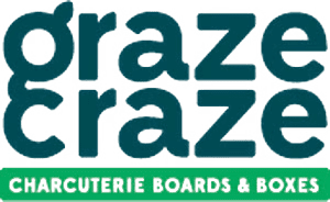 Logo with teal text "graze craze" and "charcuterie boards & boxes" in white on a green background. Logo with teal text "graze craze" and "charcuterie boards & boxes" in white on a green background.