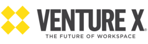 Logo of Venture X with a yellow geometric design and the text "VENTURE X" above "THE FUTURE OF WORKSPACE. Logo of Venture X with a yellow geometric design and the text "VENTURE X" above "THE FUTURE OF WORKSPACE.