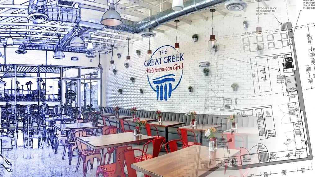 Interior of "The Great Greek Mediterranean Grill" with wooden tables, red chairs, blue booth seating, and industrial lighting. Blueprint overlay visible on the right.